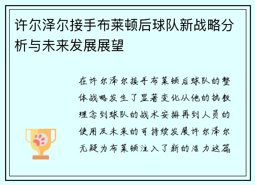 许尔泽尔接手布莱顿后球队新战略分析与未来发展展望 许尔泽尔接手布莱顿后球队新战略分析与未来发展展望